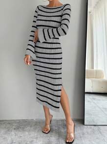 Chiquease Damen gestreiftes Kleid mit Glockenärmeln und Schlitz