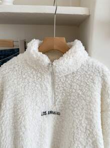 SHEIN Leap Crew Teen Girls White Stand Collar Zipper Thermal Lined Warm Pullover Sweatshirt,In Fall/Winter - White - View 3