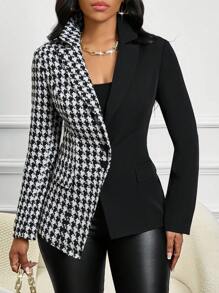 SHEIN Lady Four Season  Attire  Houndstooth Geometric Print  Tunic Asymmetrical Top Winter Coat Suit  Women Jackets