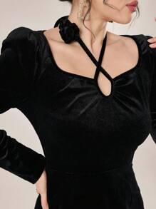 Modelyn Women's Solid Color Cross-Neck Long Sleeve Elegant Dress, Spring Autumn - Black - View 5