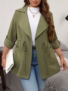 SHEIN LUNE Plus Size Trench 1pc Collared, Waist-Tie, Drawstring Long Trench Coat - Army Green - View 1