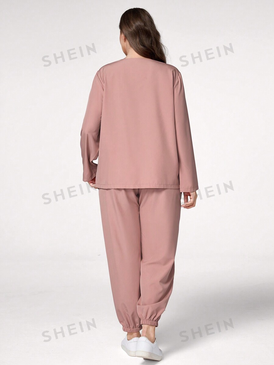 SHEIN TaskFit Plus Size Solid Long Sleeve & Pants Uniform Set for Sale