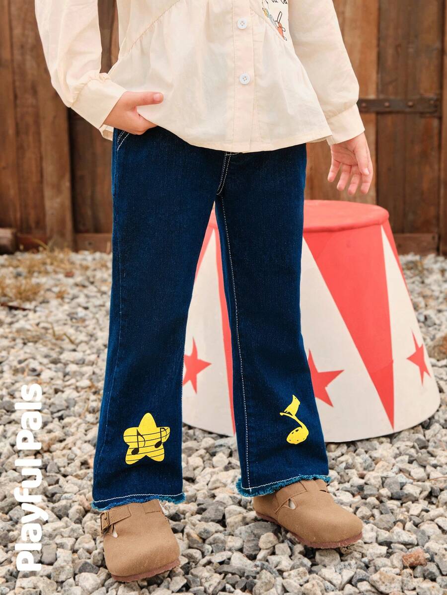 SHEIN 1 szt. Jeansy dla młodych dziewcząt, śliczne/vintage/codzienne/z powrotem do szkoły, z nadrukiem gwiazdy i notatki, proste nogawki, odpowiednie do szkoły i na wycieczki, wiosna/jesień/zima