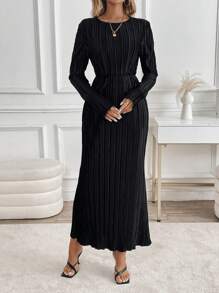 SHEIN Unity 女士纯色圆领长袖褶皱长款休闲连衣裙，春夏