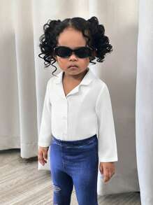 SHEIN Baby Girl Versatile White Lapel Long Sleeve Top, Autumn/Winter - White - View 4