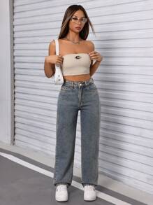 SHEIN PETITE 女士休闲秋季斜口袋直筒牛仔裤 - 中等水洗藍 - 查看 4