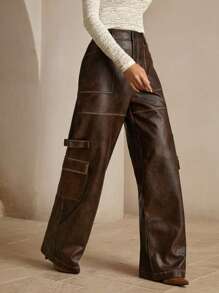 Anewsta Petite Elegant & Fashionable PU Leather Design Pocket Washed Straight Leg Pants For Petite Women, Suitable For Fall, Winter, Spring, New Year, Party, Wedding, Chic, Stylish, Work, Thanksgiving, Graduation, Christmas, Festival, Elegant - Coffee Brown - View 3