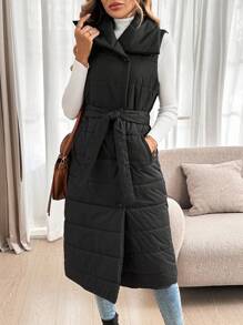 SHEIN LUNE Women's Solid Color Sleeveless Zip-Up Padded Coat With Pockets - Black - View 1