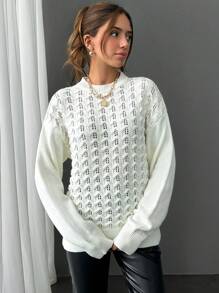 EURMUSE Casual Crew Neck Texture Knit Hollow Out Sweater - White - View 3