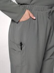 TaskEZ Set de uniforme pentru femei, cu decolteu în V, cu mâneci lungi, cu buzunare, cu top și pantaloni - Gri - Vizualizare 8