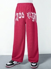SHEIN Pantalones anchos de cintura elástica con estampado de letras versátil y de moda de punto para niña preadolescente - Rosa Fucsia - Ver 1