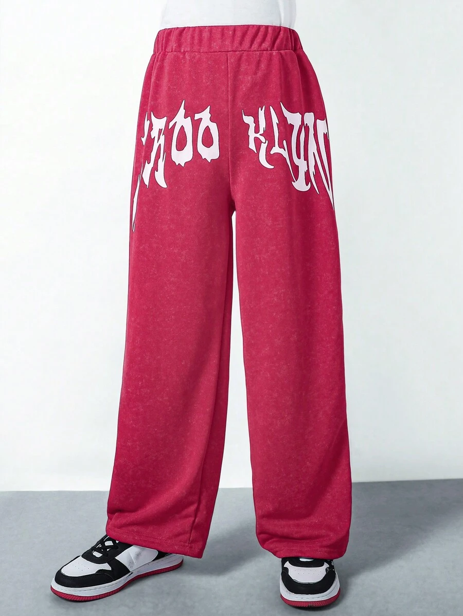 SHEIN Pantalones anchos de cintura elástica con estampado de letras versátil y de moda de punto para niña preadolescente - Rosa Fucsia - Ver 1