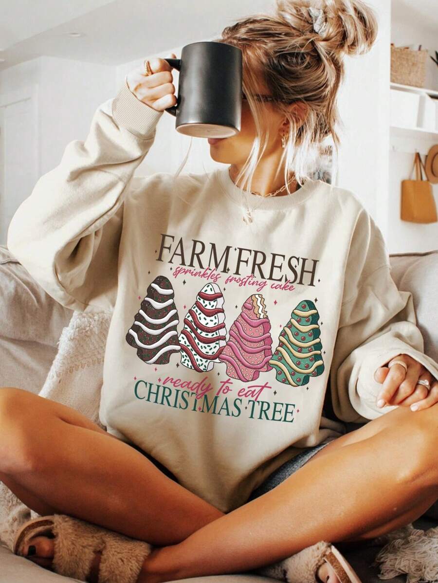 INAWLY Plus Size Women's Casual Christmas Print Round Neck Drop Shoulder Long Sleeve Sweatshirt, Fall/Winter Pullover - Apricot - View 1