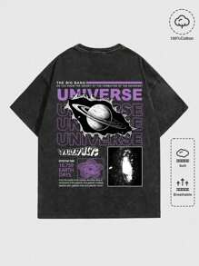 ROMWE MEN Street Life Męski T-shirt z krótkim rękawem i okrągłym dekoltem z nadrukiem w kształcie litery i planety, odpowiedni do noszenia na co dzień wiosną i latem, do szkoły