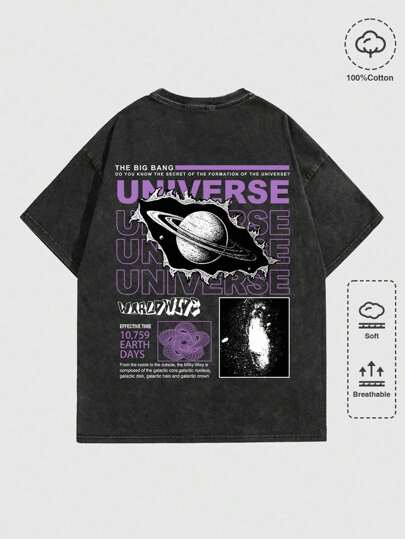 Street Life Camiseta de manga corta con cuello redondo, con estampado de letra y planeta, adecuada para uso diario en primavera y verano, escuela