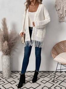 Chiquease Autumn Winter Korean Style Slouchy Tasseled Sweater Cardigan, Mid-Length White Fluffy Thick V-Neck Open Cardigan Suitable For Going Out, Vacation, Party, And Street Wear