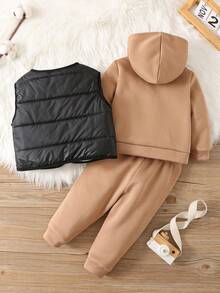 SHEIN Conjunto de 3 piezas para bebé niño: Chaqueta con capucha y chaleco abrigado, y pantalones. Ropa adecuada para otoño, invierno, actividades al aire libre/esquí - Multicolor - Ver 5