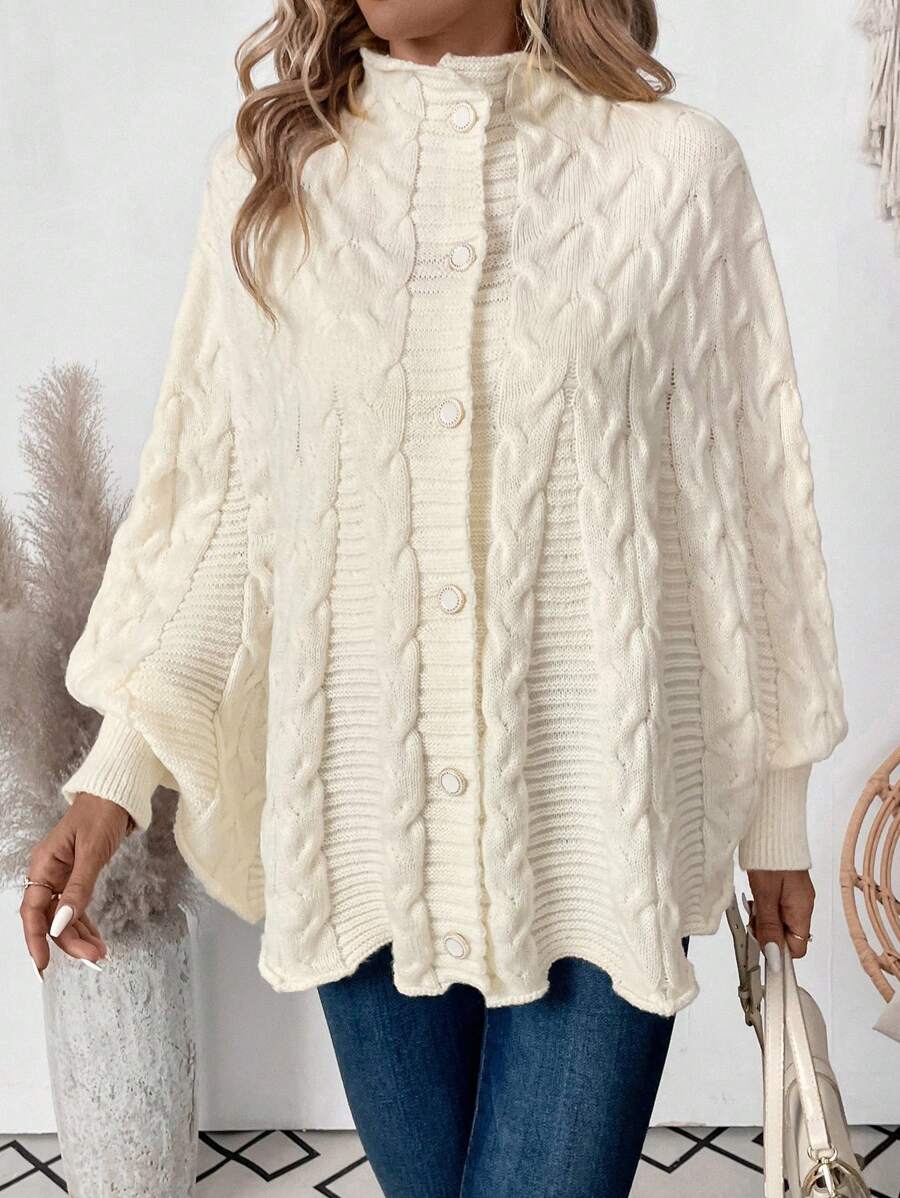 高领粗针织蝙蝠袖休闲宽松开衫毛衣 - 米色 - 查看 1