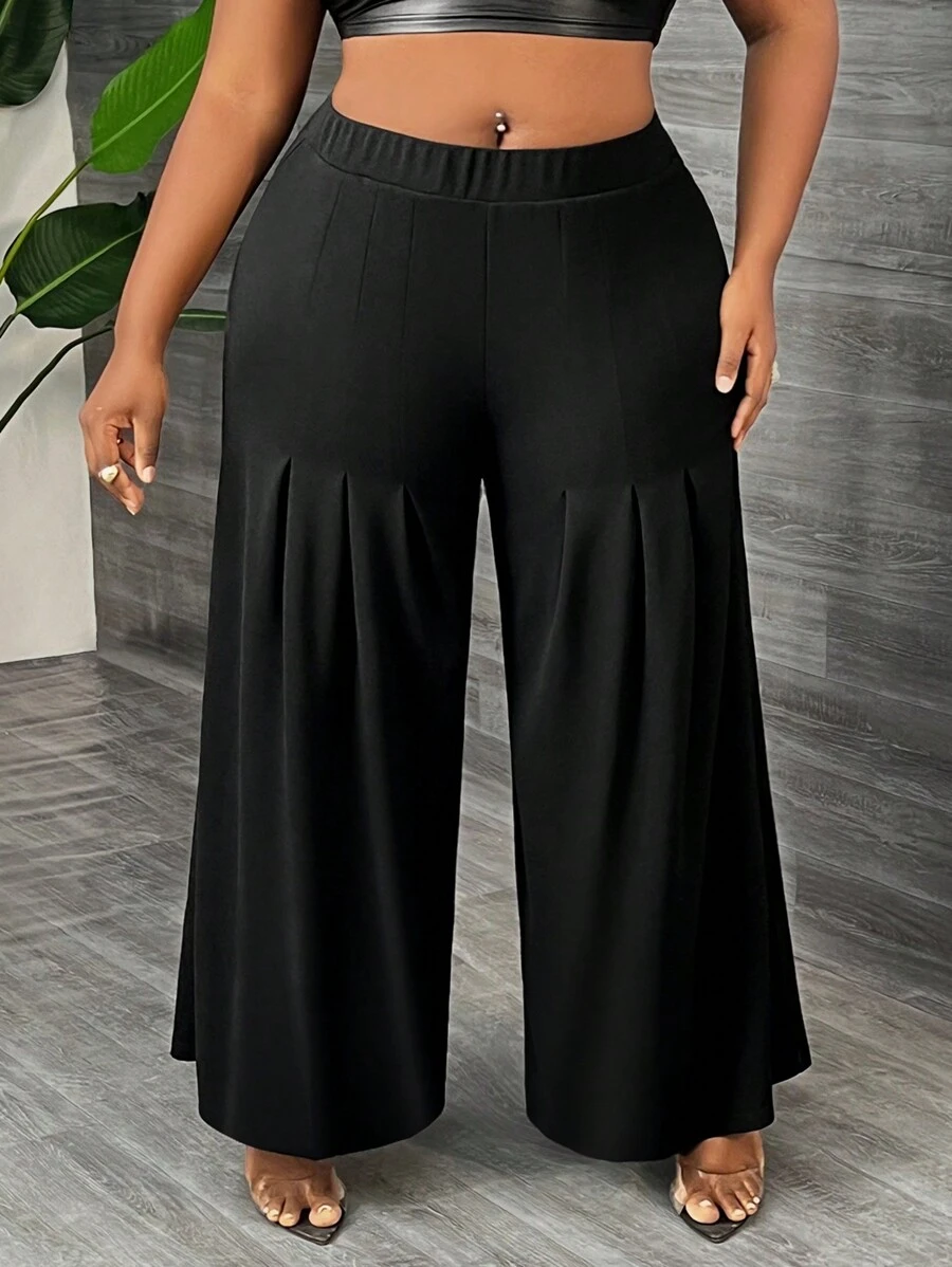 Slaydiva Calças femininas plus size com cintura elástica e cor sólida de malha com pernas largas - Preto - Ver 1