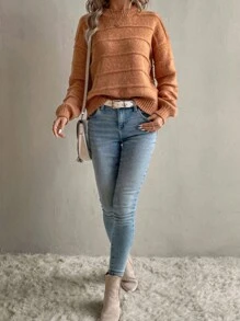 Chiquease Suéter casual de malha canelada relaxado e solto de cor sólida para mulheres, ideal para o outono