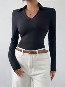 Chiquease 复古性感 V 领弹力修身 Polo 衫，别致长袖 T 恤，带有随机花卉印花