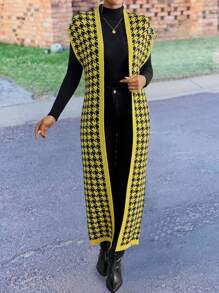 Chiquease Fashionable European & American Style Oversized Thick Slouchy Yellow Houndstooth Cardigan For Fall/Winter - Multicolor - View 3