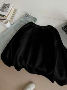 SHEIN EZwear Áo nỉ chui đầu cổ tròn màu đen họa tiết da báo tối giản, nhẹ nhàng, thoải mái dành cho nữ vào mùa thu/đông - màu đen - Xem 2