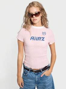 AiiRZ 褶饰修身撞色边饰圆领 T 恤 - 粉色 - 查看 1