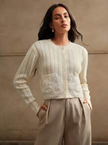 Anewsta Apricot Knitted Sequin Embroidery Cardigan - Apricot - View 5