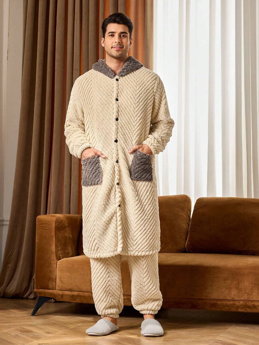 Pijama de chaqueta con capucha y pantalones de parche de color contrastante para hombres, invierno
