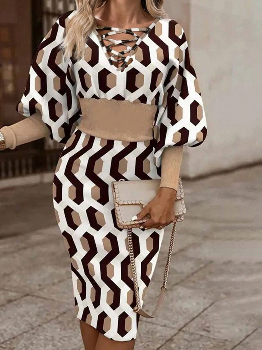 EMERY ROSE 女式优雅系带交叉拼布印花连衣裙，秋季 - 彩色 - 查看 1