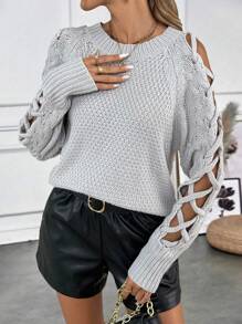 Chiquease Women's Casual Hollow-Out Sleeve Pullover Sweater, Knit Pullover Fall Winter - Light Grey - View 4