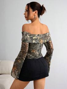 SHEIN EZwear Knitted Mesh Print Off-Shoulder Long Sleeve Slim Fit Blouse For Women - Coffee Brown - View 2