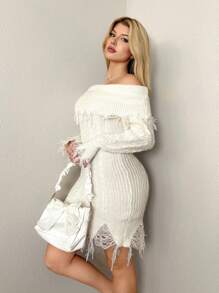 Sweetina 1pc Autumn Fashion Folded Collar Distressed Design Fuzzy Fitted Sweater Dress