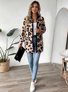 SHEIN LUNE Autumn/Winter Leopard Print Hooded Coat For Dailywear