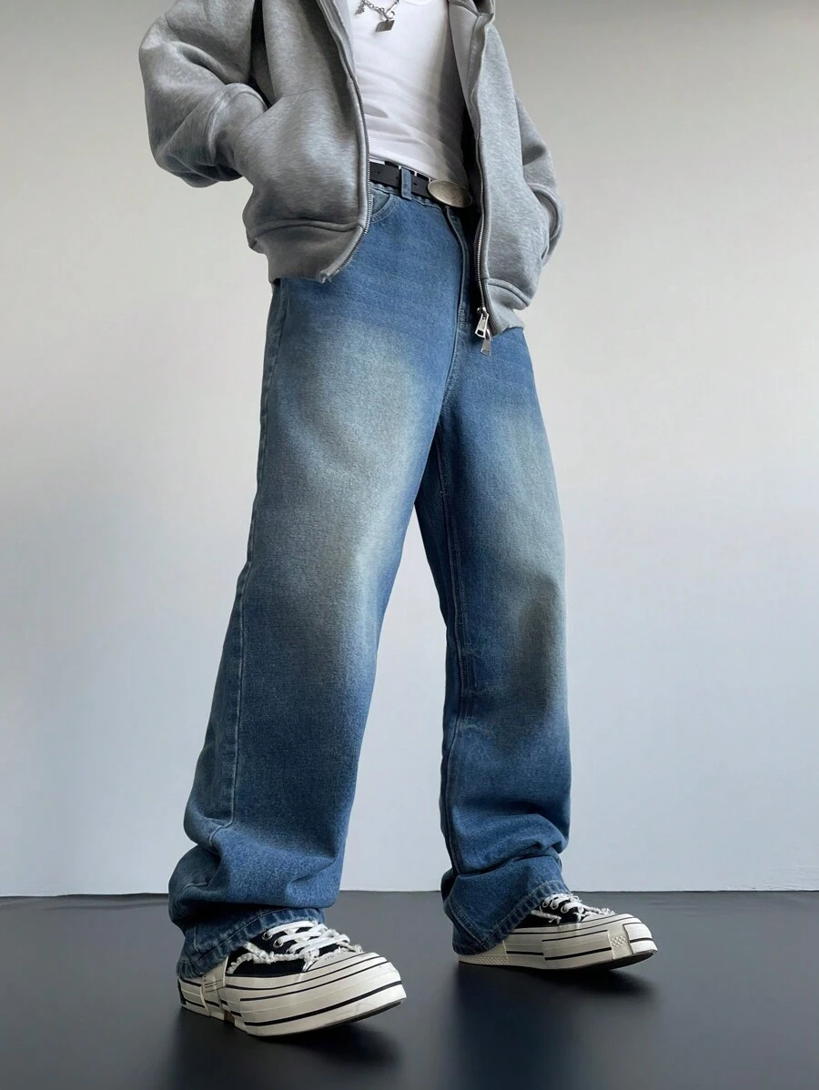 Claim Dot Men's Light Blue Vintage Distressed Washed Loose Fit Baggy Jeans - Dark Wash - View 1