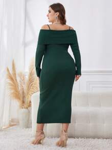 Modelyn 大码女式秋冬露肩长袖单排扣修身优雅连衣裙 - 墨綠色 - 查看 2