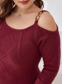 Modelyn Vestido de punto de manga larga elegante de unicolor burdeos con cuello asimétrico y bajo con abertura para tallas grandes - Burdeos - Ver 6