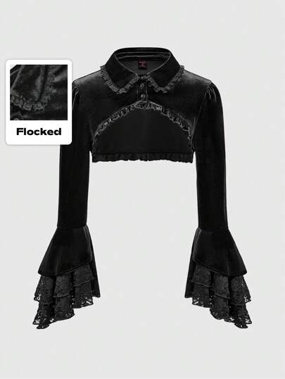 Women's Velvet Gothic Romantic Flare Sleeve Contrast Lace Blouse