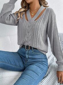 Lässiger, sexy V-Ausschnitt Pullover mit Cut Out Zopfmuster und Ballonärmeln für Herbst/Winter