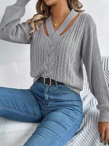 Autumn/Winter Casual Sexy V-Neck Hollow Out Cable Knit Lantern Sleeve Sweater