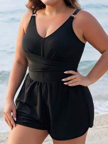 Swim Vcay Đầm bơi xếp ly thường ngày cỡ lớn cho phụ nữ đi biển - màu đen - Xem 3