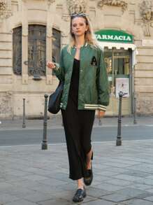 SHEIN Teen Girl Letter Applique Padded Coat - Green - View 3