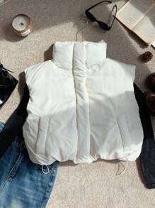 SHEIN EZwear Khaki Woven Sleeveless Ladies' Winter Jacket - Khaki - View 7