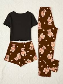 3 件套 Tween Girls 棕色可爱熊印花长裤、短裤和短袖上衣休闲睡衣套装 - 鏽棕色 - 查看 2