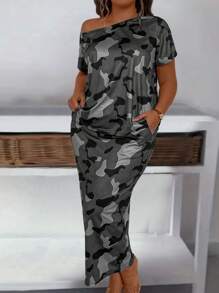 Maweii Plus Size Women's Camo Asymmetrical Collar Top And Skirt Two Piece Set - Multicolor - View 3