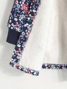 SHEIN Young Girl Floral Print Fleece Hooded Long Sleeve Winter Coat - Navy Blue - View 8