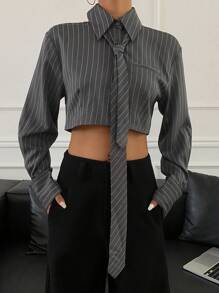 Livesso Striped Long Sleeve Fitted Turndown Collar Tie Short Women Shirt,Fall Clothes,Back To School Clothes - Grey - View 8