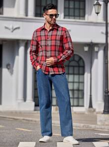 Manfinity VCAY 男士编织格子修身休闲翻领长袖开衫衬衫，法兰绒衬衫，适合秋季 - 紅色 - 查看 5