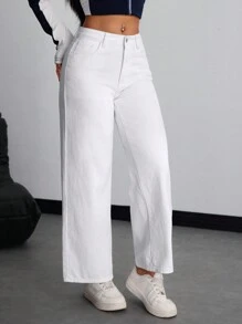 SHEIN PETITE Jeans casuales versátiles, sueltos y de pierna ancha con bolsillos para mujeres
